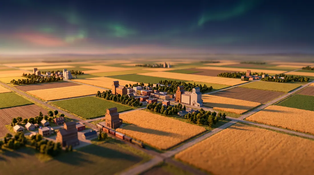Miniature-style view of prairie grid roads, fields, small towns and grain elevators beside a railway