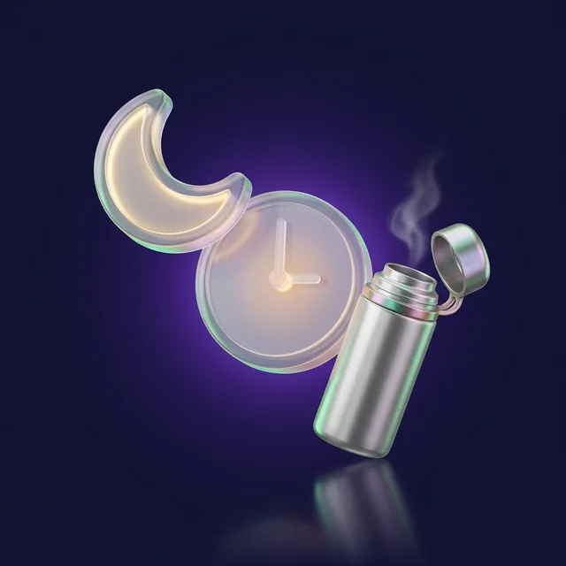 Glass icons of a crescent moon, a clock at three and a steaming thermos