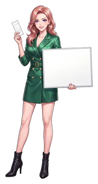 Sasha Wren, the guide's illustrated host, raising a concert ticket stub and holding a board: seats 1,300
