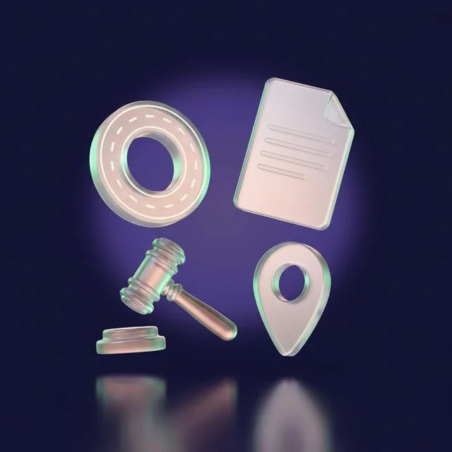 Glass icons of a ring road, a document, a gavel and a map pin